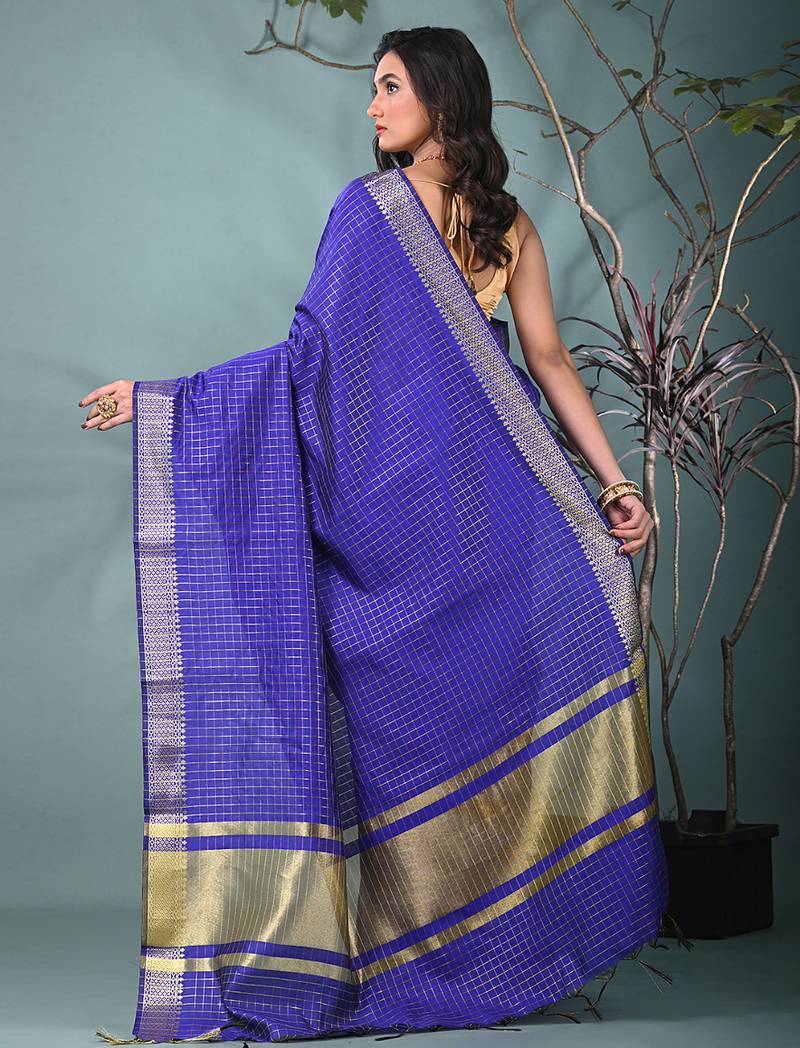 blue catlon soft art silk saree with checkered pattern