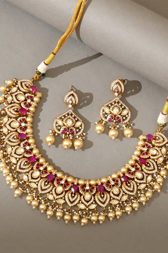Gold plated kundan pink stones necklace set
