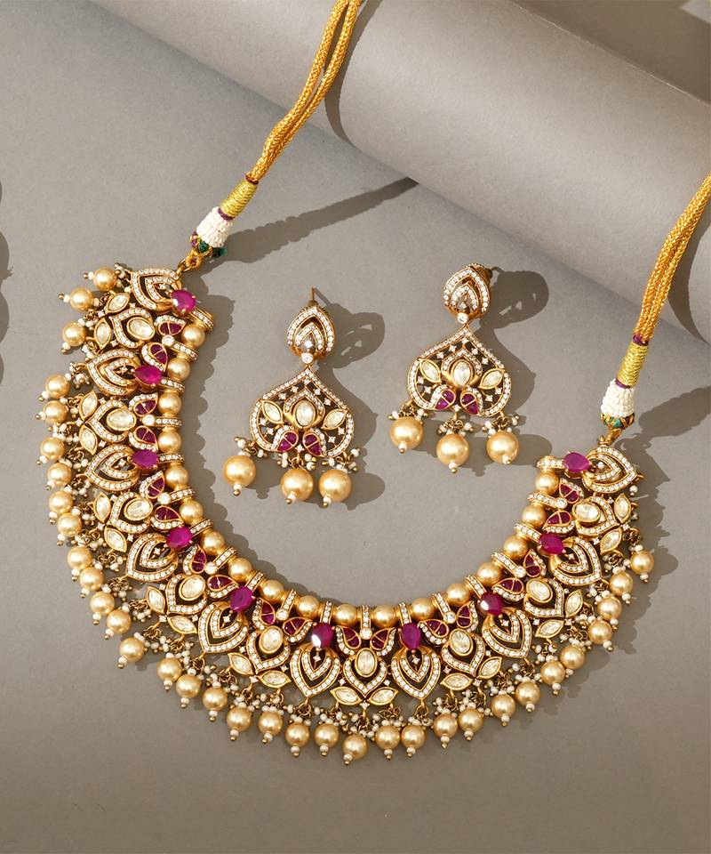 Gold plated kundan pink stones necklace set