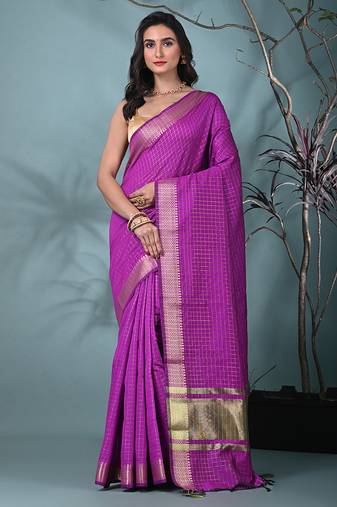 purple catlon soft art silk saree with checkered pattern