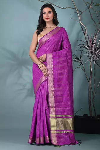 purple catlon soft art silk saree with checkered pattern