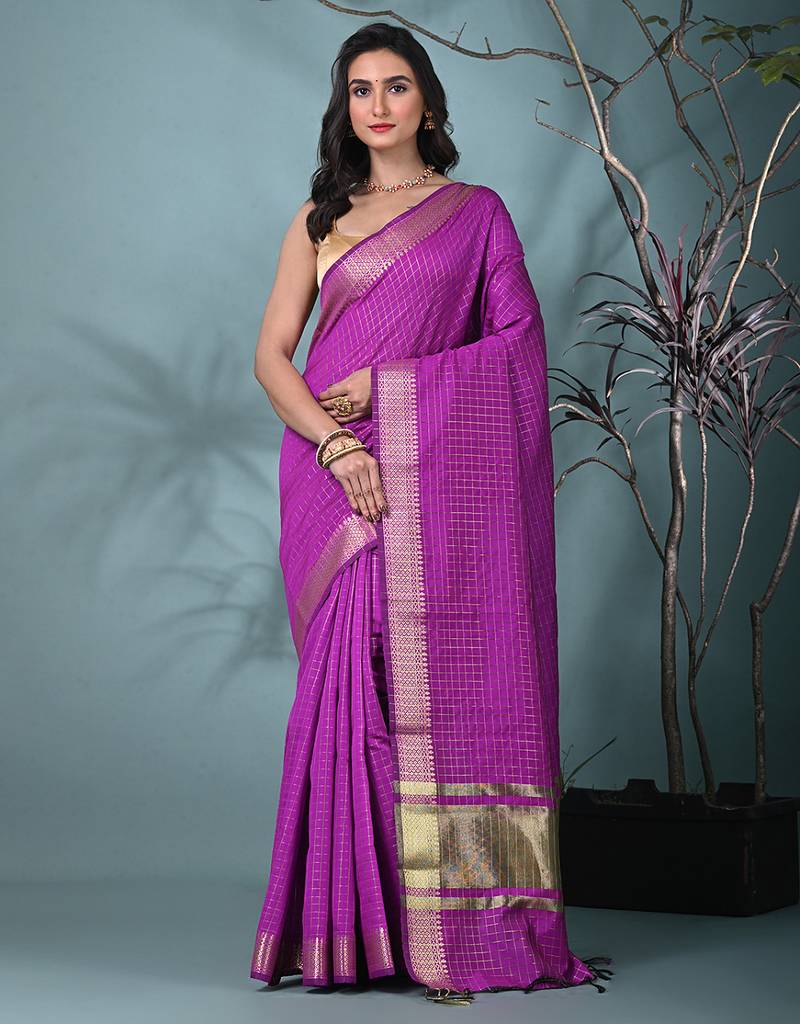 purple catlon soft art silk saree with checkered pattern