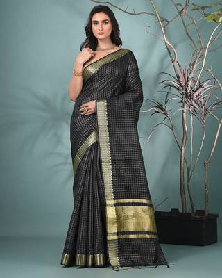 black catlon soft art silk saree with checkered pattern 1