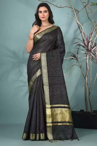 black catlon soft art silk saree with checkered pattern