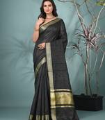 black catlon soft art silk saree with checkered pattern