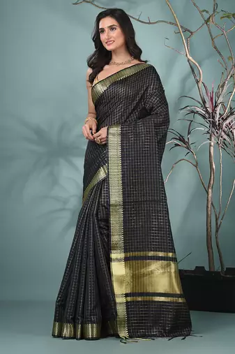 black catlon soft art silk saree with checkered pattern