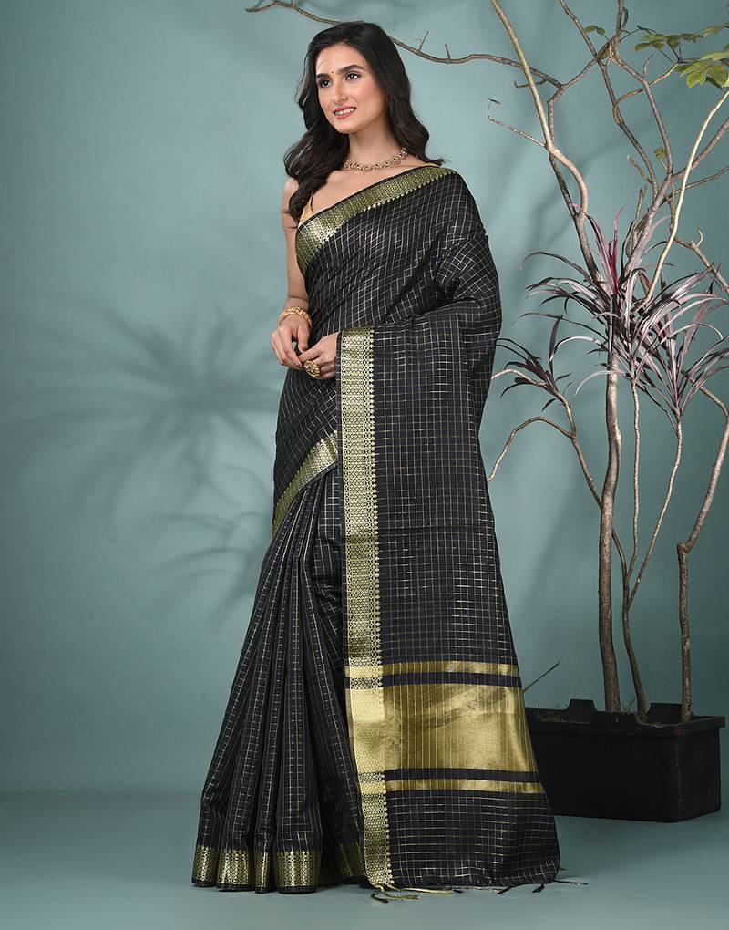 black catlon soft art silk saree with checkered pattern