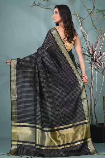black catlon soft art silk saree with checkered pattern