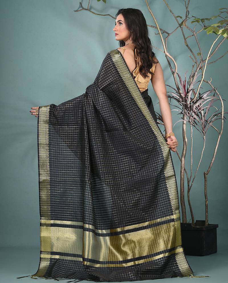 black catlon soft art silk saree with checkered pattern