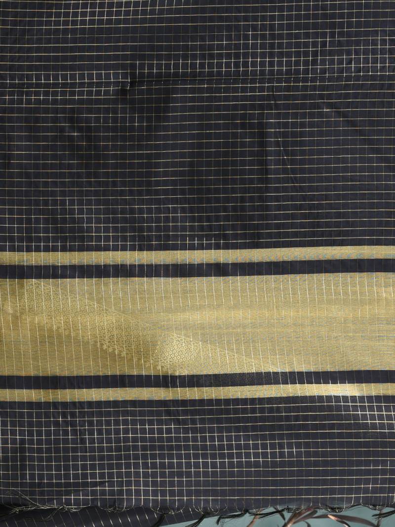 black catlon soft art silk saree with checkered pattern