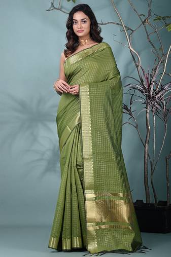 sap green catlon soft art silk saree with checkered pattern