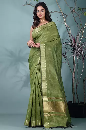 sap green catlon soft art silk saree with checkered pattern