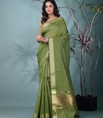 sap green catlon soft art silk saree with checkered pattern