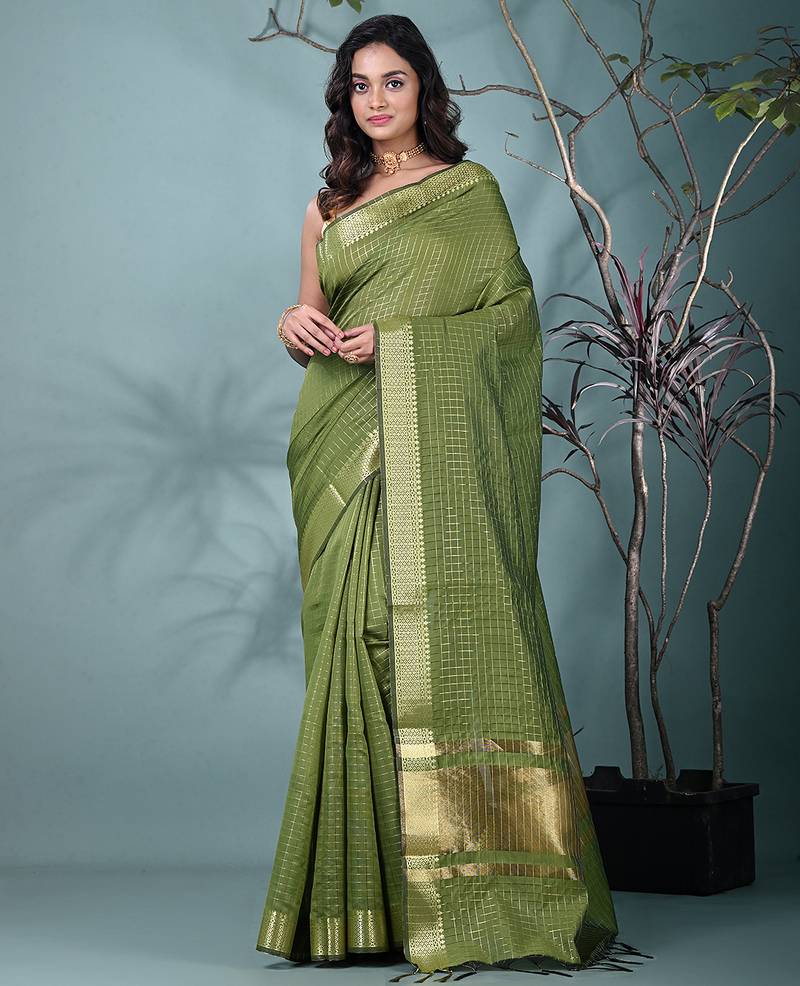 sap green catlon soft art silk saree with checkered pattern