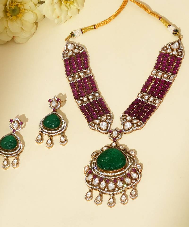 Gold plated kundan multicolor stones necklace set