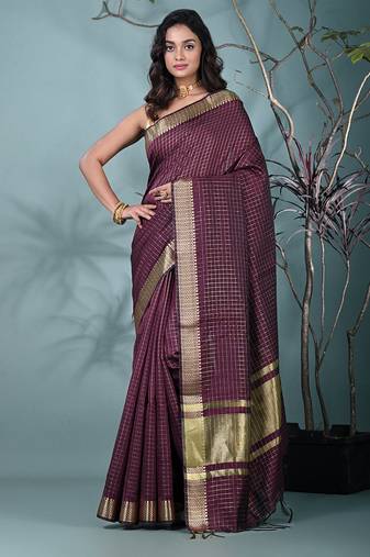 maroon catlon soft art silk saree with checkered pattern