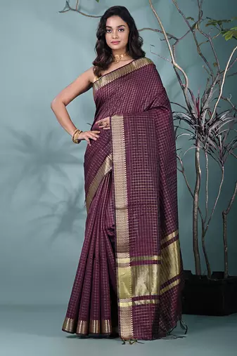 maroon catlon soft art silk saree with checkered pattern