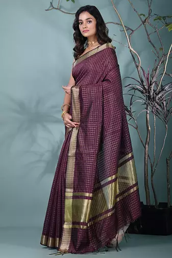 maroon catlon soft art silk saree with checkered pattern