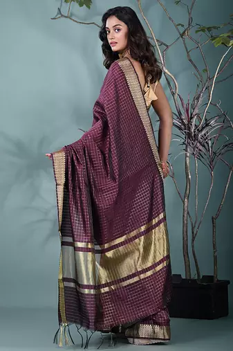 maroon catlon soft art silk saree with checkered pattern