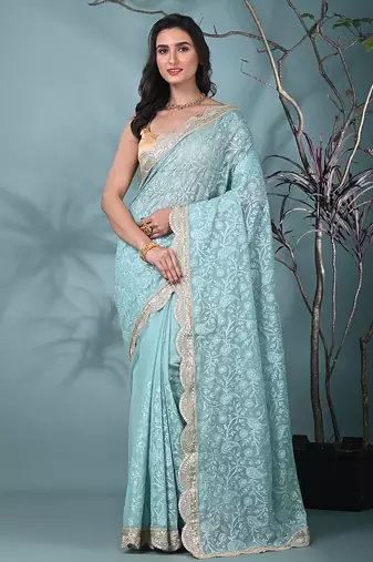 sea green chanderi silk blend saree with embroidered floral design