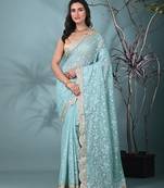 sea green chanderi silk blend saree with embroidered floral design
