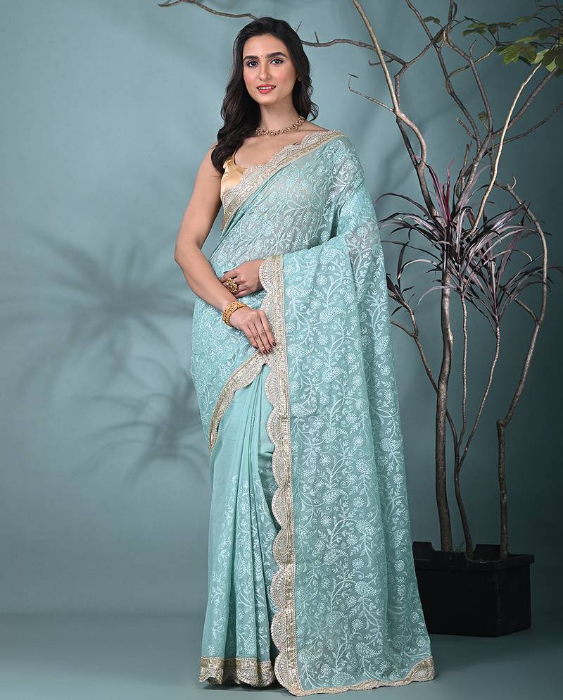sea green chanderi silk blend saree with embroidered floral design