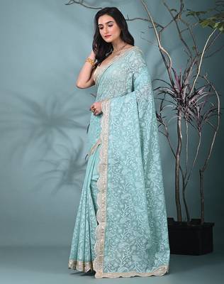 sea green chanderi silk blend saree with embroidered floral design 2