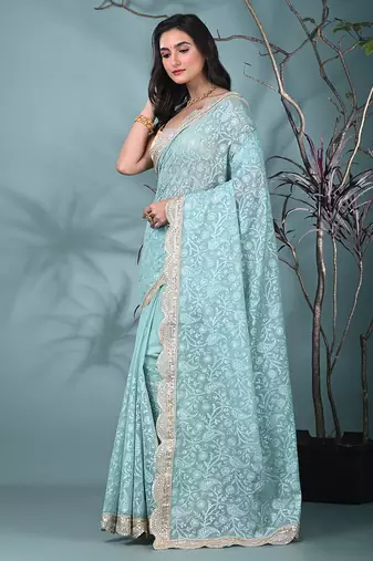 sea green chanderi silk blend saree with embroidered floral design