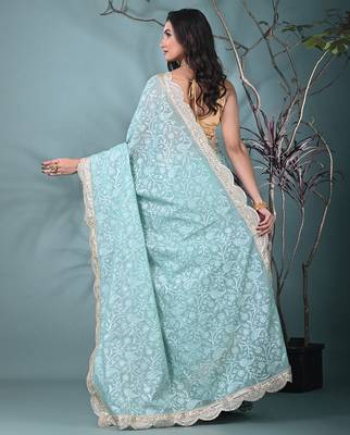 sea green chanderi silk blend saree with embroidered floral design 3