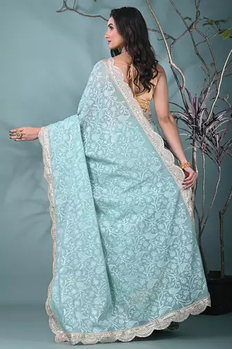 sea green chanderi silk blend saree with embroidered floral design