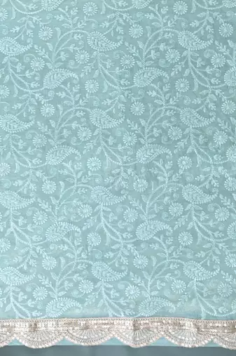 sea green chanderi silk blend saree with embroidered floral design