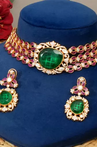 Gold plated kundan multicolor stones choker necklace set