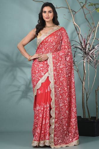 red chanderi silk blend saree with embroidered floral design