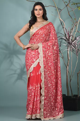 red chanderi silk blend saree with embroidered floral design