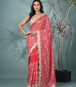 red chanderi silk blend saree with embroidered floral design