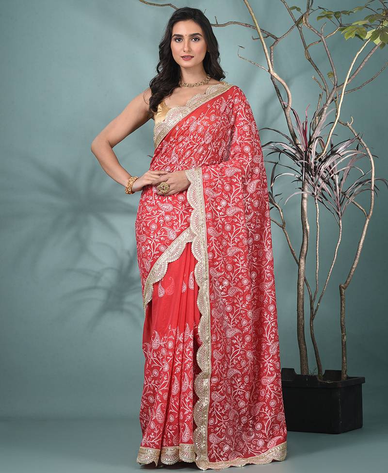 red chanderi silk blend saree with embroidered floral design