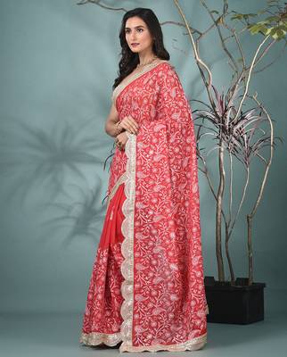 red chanderi silk blend saree with embroidered floral design 2