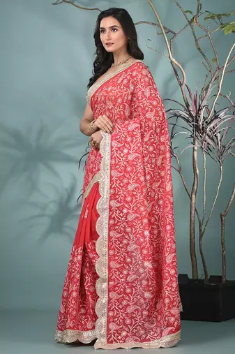 red chanderi silk blend saree with embroidered floral design