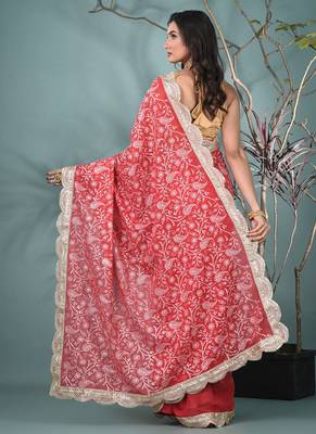 red chanderi silk blend saree with embroidered floral design 3