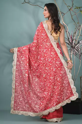 red chanderi silk blend saree with embroidered floral design