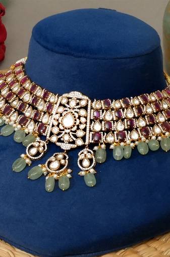 Gold plated kundan multicolor stones choker necklace set