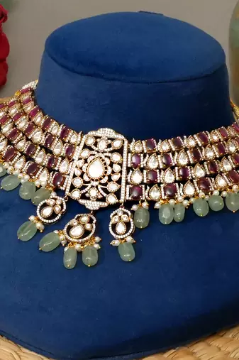 Gold plated kundan multicolor stones choker necklace set