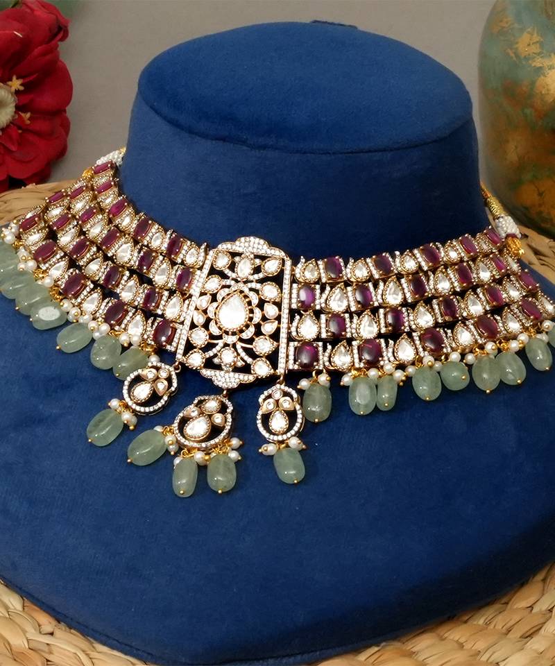Gold plated kundan multicolor stones choker necklace set