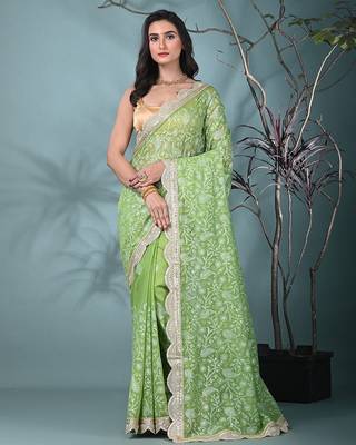green chanderi silk blend saree with embroidered floral design 1