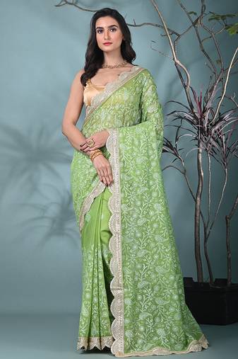 green chanderi silk blend saree with embroidered floral design