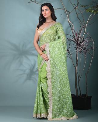 green chanderi silk blend saree with embroidered floral design 2