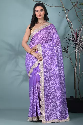violet chanderi silk blend saree with embroidered floral design