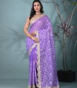 violet chanderi silk blend saree with embroidered floral design