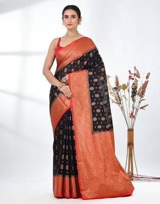 black georgette saree with red and gold border 1