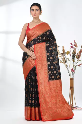 black georgette saree with red and gold border